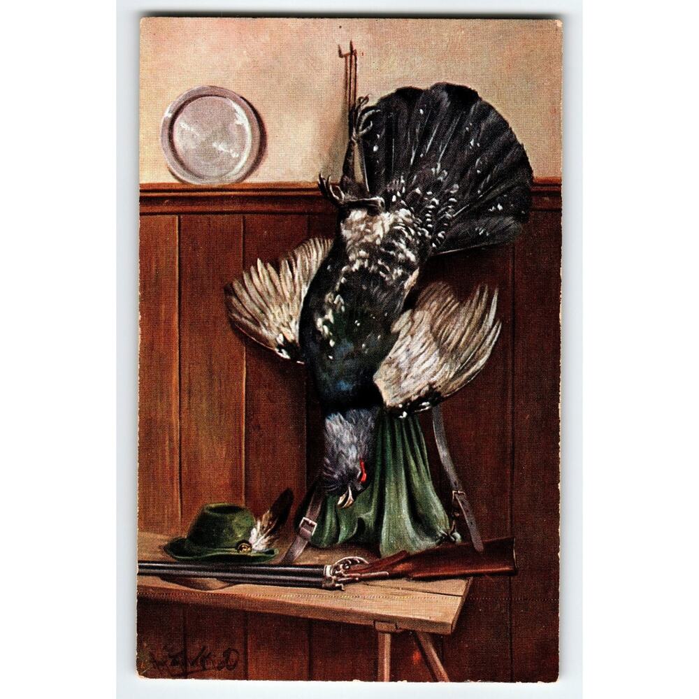 Signed Muller Artist Postcard Hunting Scene with Black Grouse & Rifle